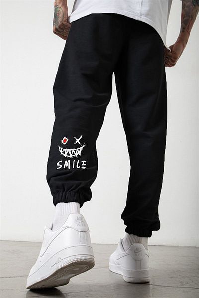 DUBU BUTİK Μαύρο Jogger Sweatpants - Smile Face Printed, ελαστικό άνετο πόδι