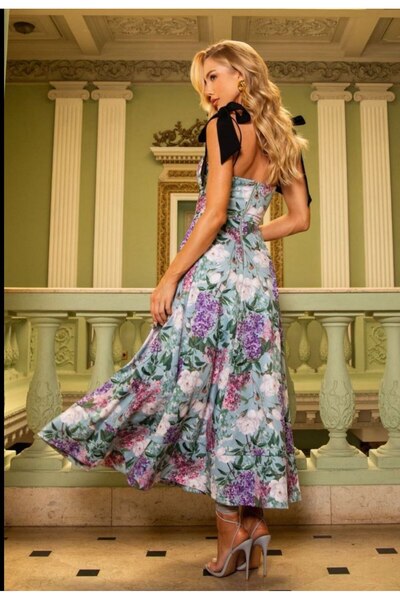 BRGCLOTHING Rochie lungă florală cu căptușeală cu design premium, cu cravată cu fundă pe umăr