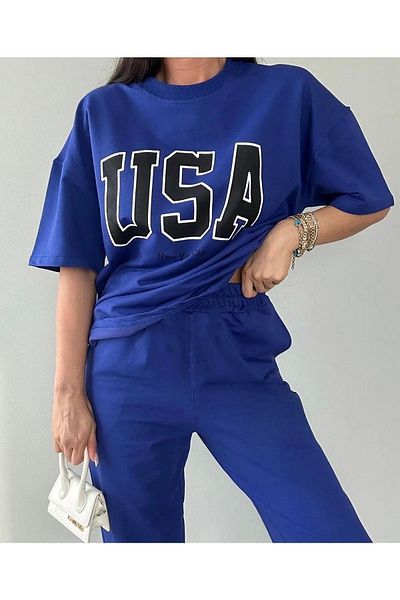 CLAYES USA تي شيرت بنطال رياضي Jogger - بدلة رياضية زرقاء مطبوعة من الأسفل ورقبة دائرية كبيرة الحجم