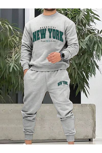 VBSVİBES مجموعة بدلة رياضية جميلة من New York سويت شيرت Jogger - رقبة دائرية مضلعة كبيرة الحجم مطبوعة باللون الرمادي