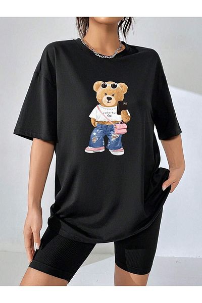 CLAYES Πολύχρωμο μπλουζάκι Bear Single Jersey - Μαύρο εμπριμέ κοντομάνικο μπλουζάκι με λαιμόκοψη