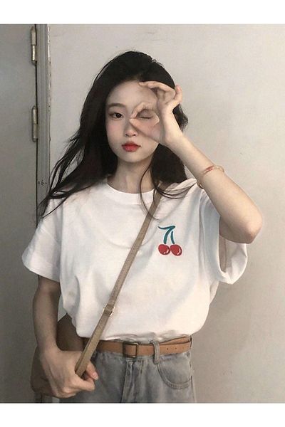 CLAYES T-Shirt με μοτίβο κερασιού - Λευκό εμπριμέ κοντό μανίκι με λαιμόκοψη