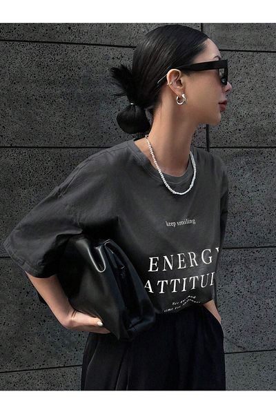 DUBU BUTİK تي شيرت Energy Attitudy Single Jersey - تي شيرت مطبوع بأكمام قصيرة ورقبة دائرية كبيرة الحجم