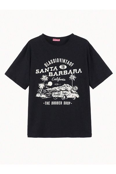 CLAYES Santa Barbara Printed Black Oversize T-Shirt - Crew Neck, Short Sleeve