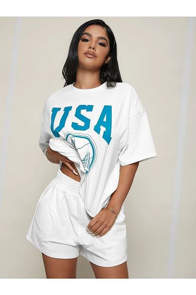 CLAYES Set tricou și pantaloni scurți pentru baschet din SUA - alb, imprimat, cu gât supradimensionat