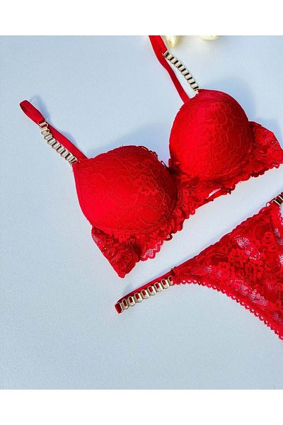 Beyaz Gelincik Underwear Women's Red Lace Chain Detailed Underwire Supported Padded Bra Set Underwear Set