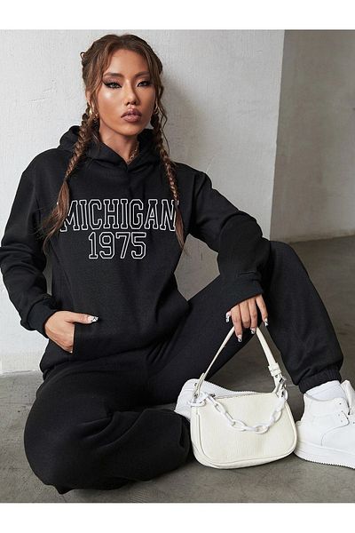 CLAYES Michigan 1975 Tracksuit Set Sweatshirt Jogger - Black Printed Oversize Hoodie