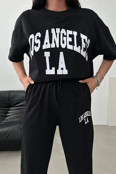 CLAYES Los Angeles T-shirt Sweatpants Jogger- Μαύρη στάμπα στο κάτω μέρος Κορυφή αθλητική φόρμα Oversize Crew Neck