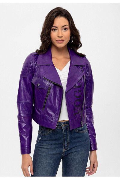 Deriderim Purple Biker Zippered Lined Women's Genuine Leather Coat