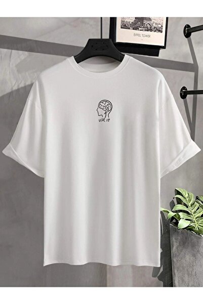 Sweetline Unisex Λευκό Oversize Use It Brain Printed Πλεκτό T-shirt