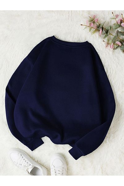 CLAYES Φούτερ με μοτίβο λουλουδιών - Navy Blue Printed Oversize Χοντρό χειμερινό λαιμόκοψη