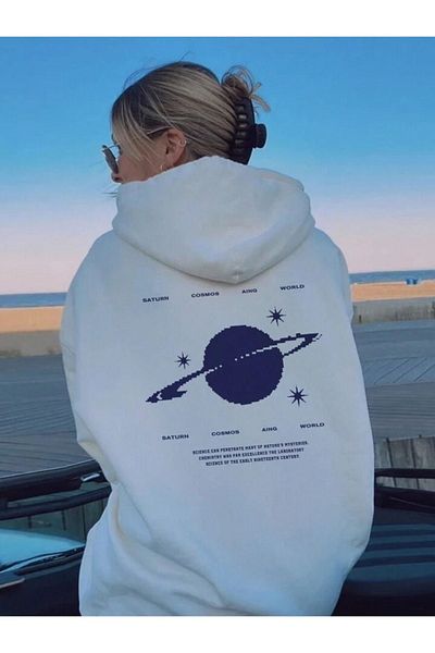 CLAYES Saturn Cosmos 100% Cotton Sweatshirt - White Printed Oversize Winter with Fleece Inside Hood