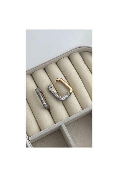 ParlaTakıAksesuar Vip Çelik Çift Renk Taşlı Dikdörtgen Küpe