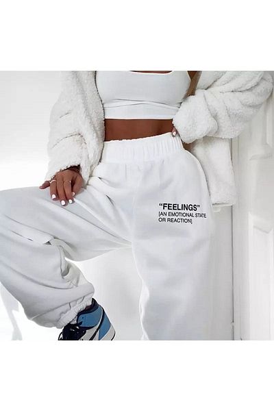 DUBU BUTİK Feelings Sweatpants Jogger - Λευκό εμπριμέ λαστιχένιο πόδι ψηλόμεσο