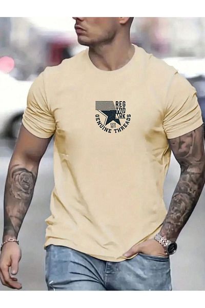 DUBU BUTİK Genuine Threads Oversize Beige Printed T-shirt - Crew Neck Short Sleeve Comfortable Fit T-Shirt