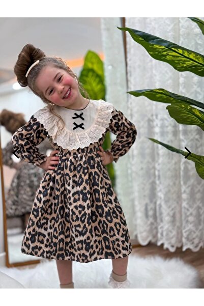 1babykids Kız Çocuk Leoparlı Önü Fiyonk Detaylı Elbise