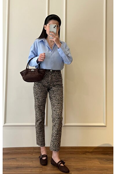 Leopar Desen Boyfıt Jean Pantolon