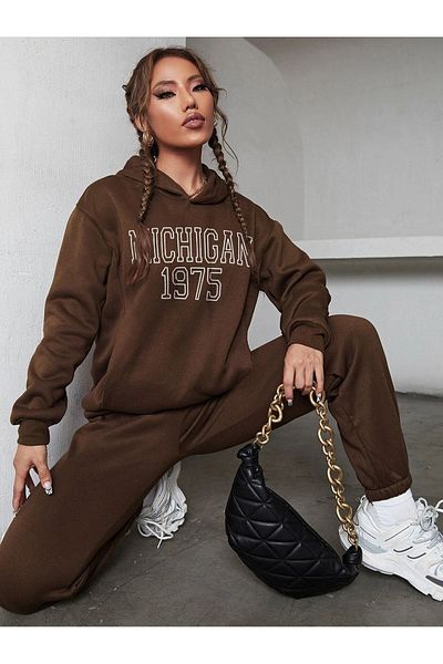 CLAYES Σετ φόρμας Michigan 1975 Sweatshirt Jogger - Καφέ στάμπα Oversize Raster Hooded