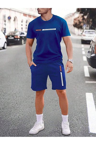 DUBU BUTİK New York Printed Oversize Striped T-Shirt and Shorts Set - Saxs Bottom Top Combination, Crew Neck
