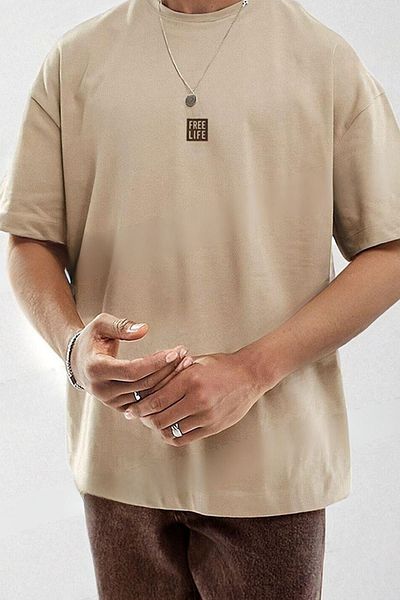 CLAYES Μπλουζάκι Free Life Oversize Beige με στάμπα - Μπλουζάκι με κοντό μανίκι με λαιμόκοψη