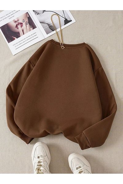 DUBU BUTİK Φούτερ Surprise Bear - Καφέ στάμπα Oversize Χοντρό χειμερινό λαιμόκοψη