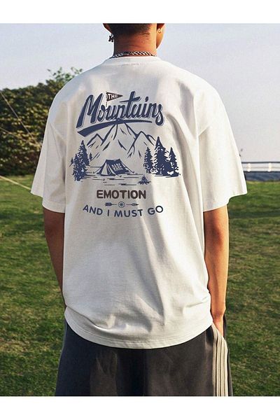 VBSVİBES Πλεκτό μπλουζάκι Unisex White Oversize Mountains με στάμπα