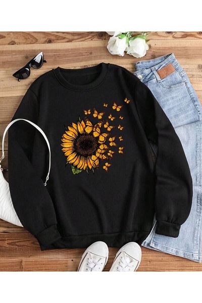 VBSVİBES Hanorac oversize negru pentru femei, cu imprimeu FLOWER & BUTTERFLY