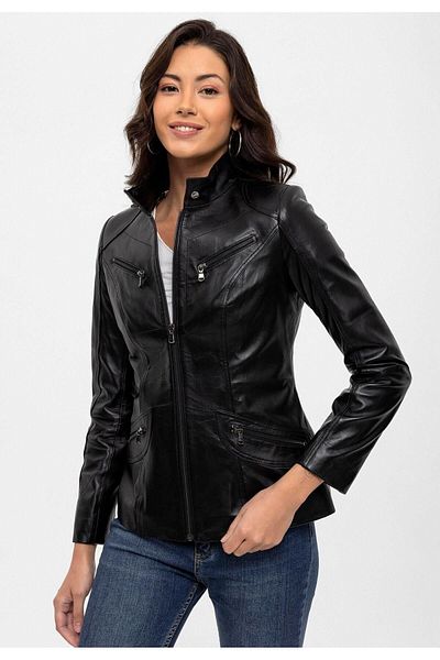 Deriderim Black Maeve Women's Genuine Leather Coat with Snap Detail and Judge Collar Lining