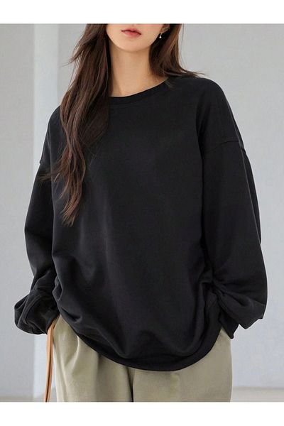 CLAYES Solid Color Sweatshirt - Black Oversize Thick Winter Crew Neck