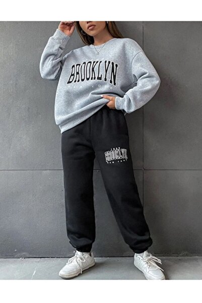 VBSVİBES Oversize Basic tepláková souprava SPODNÍ ČERNÁ TOP ŠEDÁ