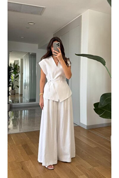 My Blog Weißes Juana-Weste-Hosen-Leinen-Set – 8597