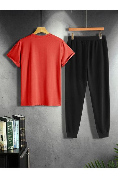 CLAYES Wing Red T-Shirt Μαύρο Sweatpants Jogger - Μπλουζάκι με εμπριμέ στο κάτω μέρος Oversize Crew Neck