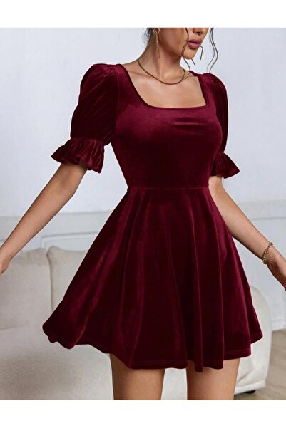 Styling Park Balon Kol Detaylı Mini Kadife Elbise