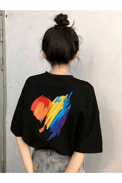 VBSVİBES Tricou tricotat unisex negru oversize cu imprimeu cu inimă