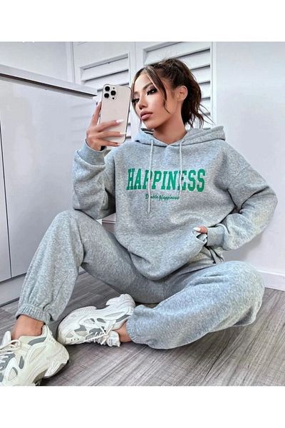 VBSVİBES GRAY Happiness Printed Hooded Combination Bottom Top Tracksuit Set