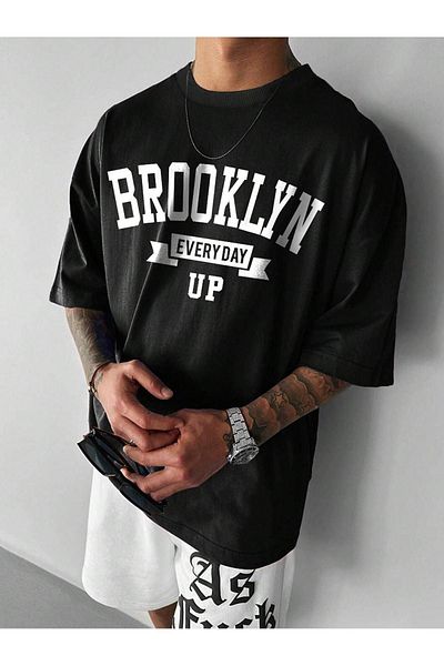 CLAYES Brooklyn Every Day Up Single Jersey T-Shirt - Black Printed Oversize Crew Neck Short Sleeve T-Shirt