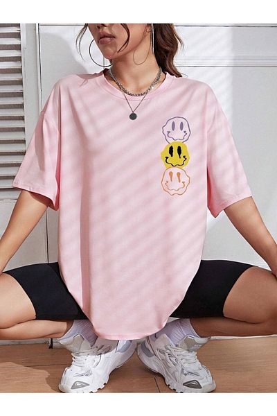 CLAYES Oversize Pink Emoji T-Shirt - Crew Neck, κοντό μανίκι