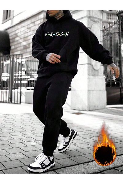 CLAYES Φρέσκο Σετ Φούτερ Jogger - Μαύρη στάμπα με κουκούλα