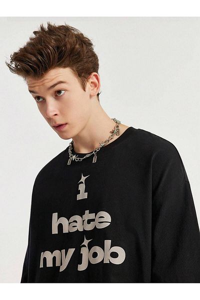 VBSVİBES Black Oversize 'I Hate Printed' T-Shirt