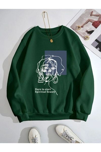 DUBU BUTİK Φούτερ Spiritual Line Figure - Nefti Green Printed Oversize Χοντρό χειμερινό λαιμόκοψη