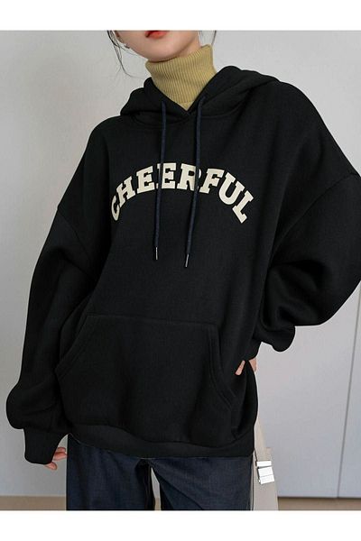 CLAYES Φούτερ Cheerful - Μαύρη στάμπα Oversize Hooded