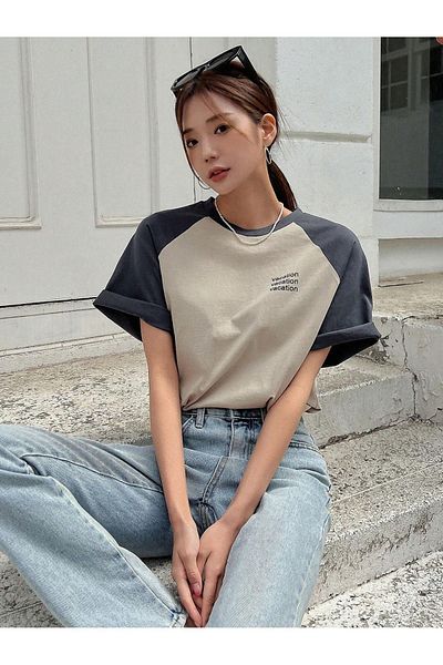 DUBU BUTİK Vocation Piece Single Jersey T-shirt - Beige Smoke printed Oversize Crew Neck κοντομάνικο T-shirt