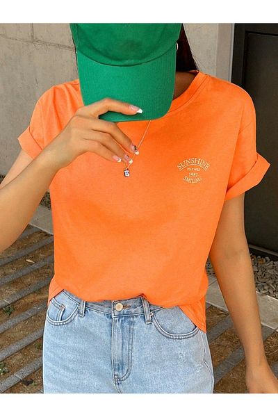 DUBU BUTİK Sunshine 1982 Single Jersey - Orange Oversize T-Shirt, Crew Neck