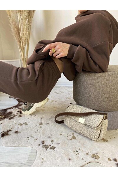 CLAYES Unisex Hooded Tracksuit Set Brown Plain Basic Oversized