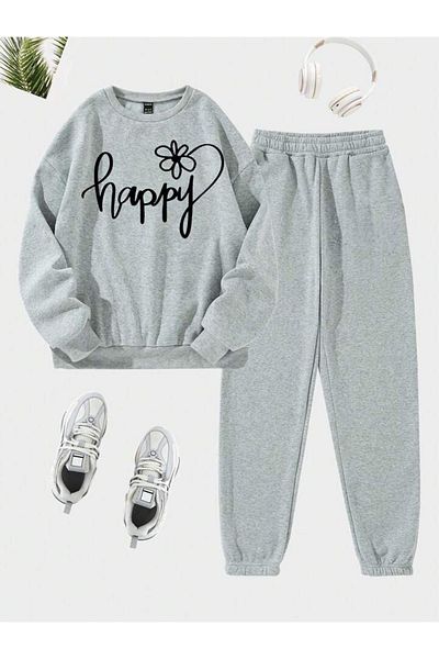 CLAYES Happy Daisy Tracksuit Set Sweatshirt Jogger - Gray Printed Oversize Raised Crew Neck