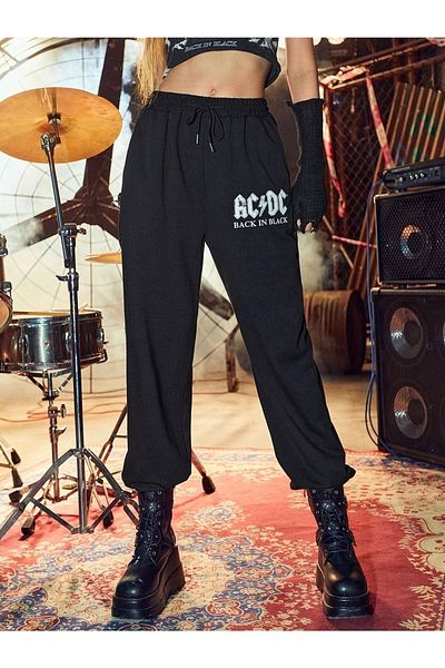VBSVİBES Pantaloni de sport pentru femei, negri, cu imprimeu Acdc, cu picioare de cauciuc, Jogger, cu 2 fire, fără ridicare