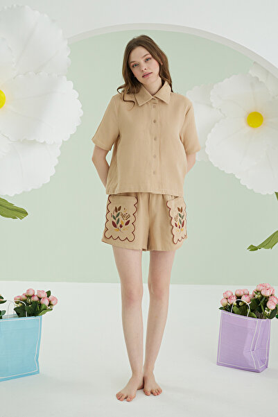 NBB Kadın Nakışlı Müslin Kumaş Önden Düğmeli Gömlek Yaka Şortlu Takım %100 Pamuk