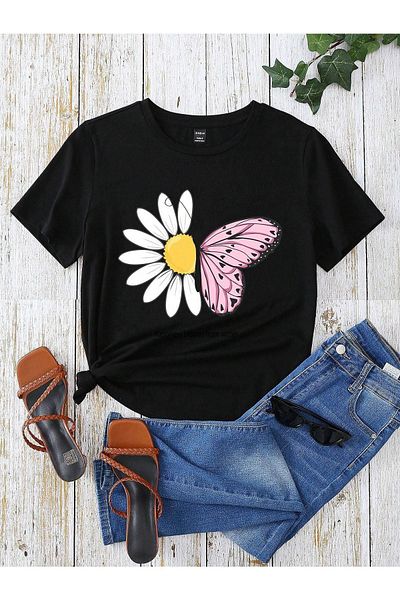 CLAYES Μαύρο μπλουζάκι με στάμπα Daisy Butterfly Oversize - Crew Neck, κοντό μανίκι