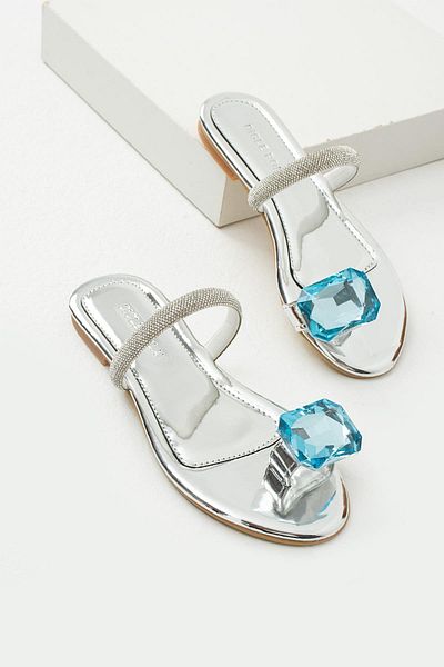 diclepolat Women's Flat Sole Flip Flops Stone Slippers Silver