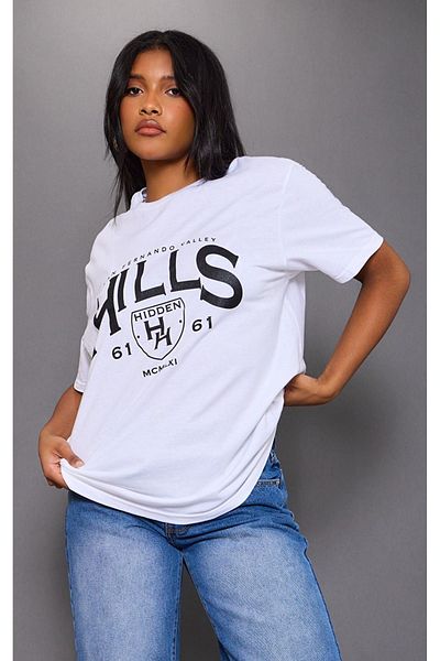 DUBU BUTİK Hidden Hills Single Jersey White Oversize T-Shirt - Crew Neck, Short Sleeve